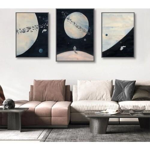 Space Poster Moon Universe Planet Astronaut Canvas Painting Nordic Black White Wall Art Pictures Modern Living Room Home Decor