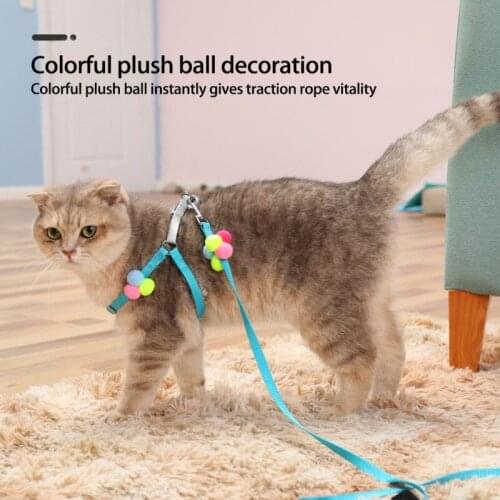 Pet Adjustable Puppy Kitten Traction Rope with Cute Pompom Outdoor Traction Collar Harness Leash Pet Walking Products, 3 Colors