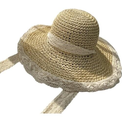 Women Men Summer Woven Straw Sun Hat Flat Wide Brim Lace Bohemian Outdoor Sunscreen Adjustable Panama Boater Beach Cap H9ED