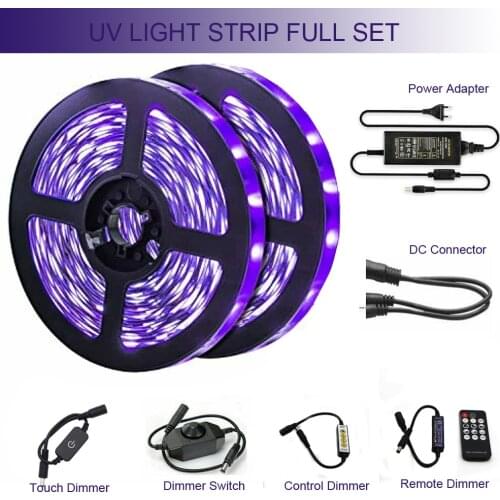 UV LED Strip Light 5050 SMD 60leds/M 395-405nm Flexible Tape lamp+DC Connector+Touch/Switch/Control/Remote Dimmer+power adapter