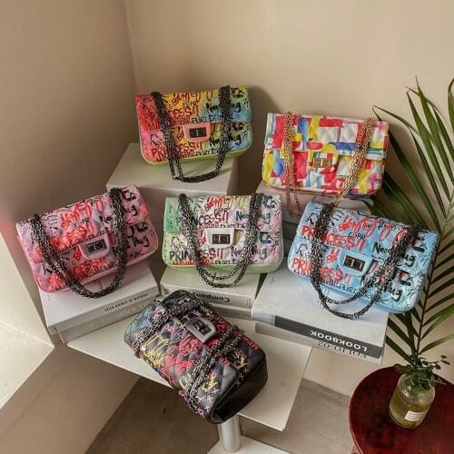 High Quality Women Pu Leather Handbags Fashion Ladies Graffiti Chain Shoulder Messenger Bags Casual Female Purse Crossbody Bags