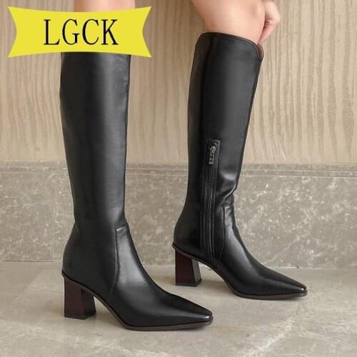 Plus Size 34-39 Fashion Winter Leather High Boots Women Square Toe Heels Zipper Basic Shoes Women Knee High High Boots Lady New