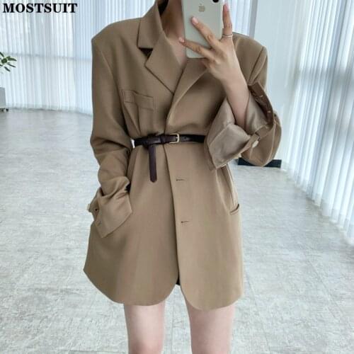 Chic Loose Women Blazer Coat 2021 Autumn Full Sleeve Single-breasted Belted Suit Jacket Workwear Stylish Solid Female Blazers