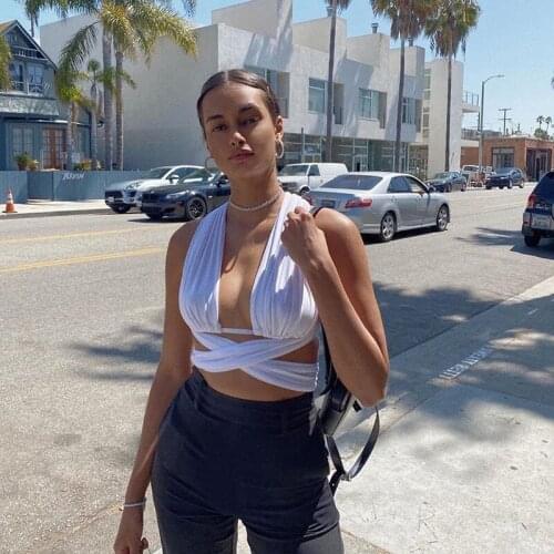 Elegant Sexy V-neck Tops Summer Womens Solid through Off Strapless Sleeve Crop Top 2021 Club Party Tee shirt Cross Bandage Vest