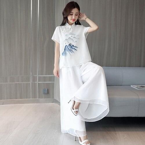 Women Retro Buckle Cheongsam Top Chiffon White Wide-Leg Pants Chinese Style Vintage Elegant Print 2 Piece Pants Set 30799