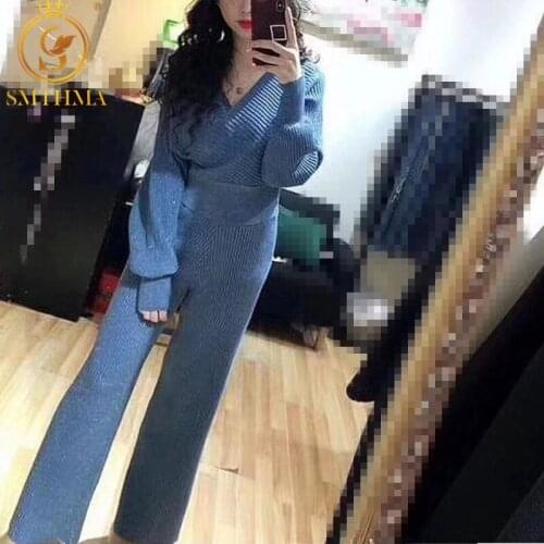 SMTHMA 2021 New Women Sets Bat-Sleeve V-Collar Shiny Gold Wire Knitting Quality Sweater +Sexy High Waist Pants 2pcs Elegant Suit