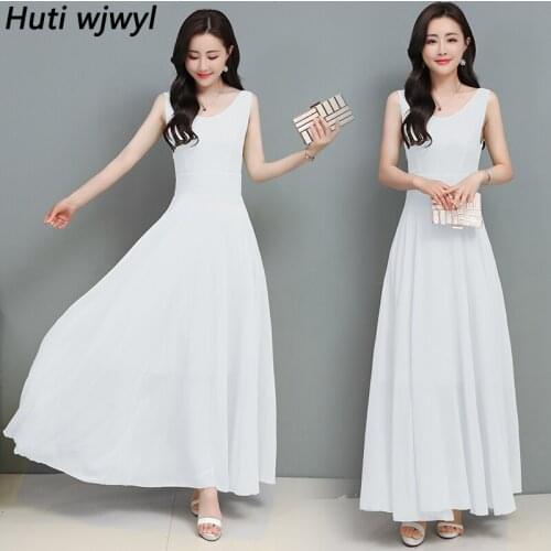 Women Bodycon Sexy Sleeveless Tank White Vestidos Summer Casual boho Beach Maxi Sundress 2021 Solid Vintage Chiffon Party Dress