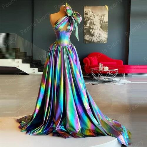 Dubai Couture Colorful Evening Dresses 2021 Arabic One Shoulder Bow Long Train Prom Party Dress Gowns Plus Size Robe De Soiree