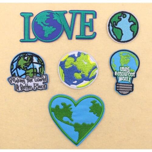 2PCS Love Earth Patches Letter Bulb Caring Earth Embroidery Applique Badges Patches Iron on Transfers for Clothes Apparel Sewing