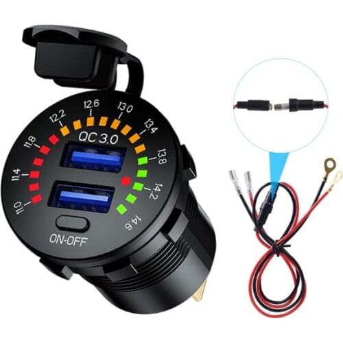 12V 24V QC3.0 Dual USB Car Charger Fast Charge with LED Voltmeter Switch Cable