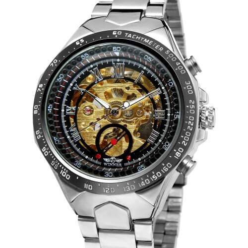 Fashion Winner Top Brand Mens Watch New Luxury Trendy Automatic Movt Stainless Steel Band Military Wristwatch Color Gold Clock