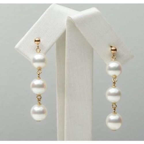 Classic White Cultured Akoya Pearl Triple Drop Earrings 18k Yellow Gold 7-7.5mm