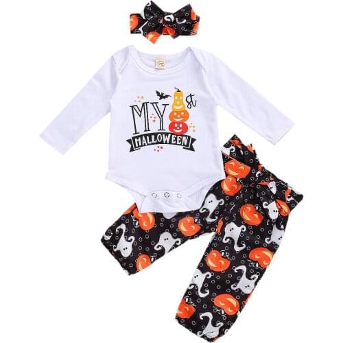 Infant Newborn Baby Girl Romper Christmas Pants Round Collar Long Sleeves Cartoon Ghost Printed Headband 3-Piece Clothes