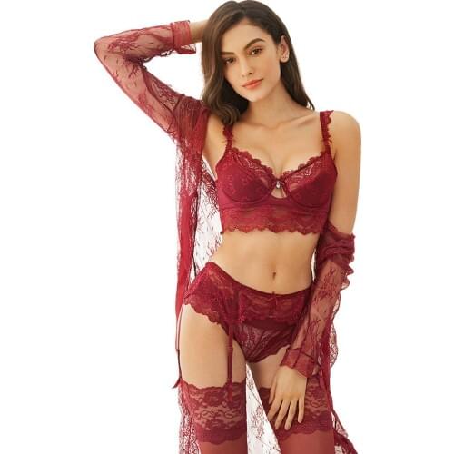 CYHWR Sexy Lace Underwear Set Robe+Bra+ Panties+ Stockings +Y-line Straps +Thong 7 Piece For Lady
