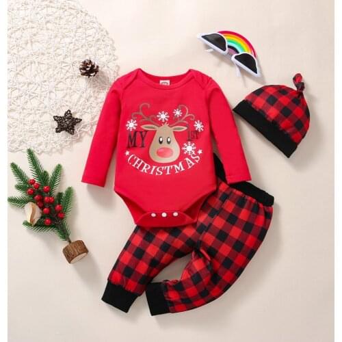 Ma&Baby 0-12M My First Christmas Baby Clothes Set Deer Long Sleeve Romper Striped Pants Hat Xmas Outfits DD88
