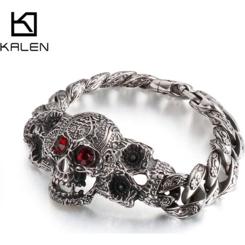 15mm Red Eye Skull Bracelet Men Male Stainless Steel 316L Cuban Link Chain Bracelets