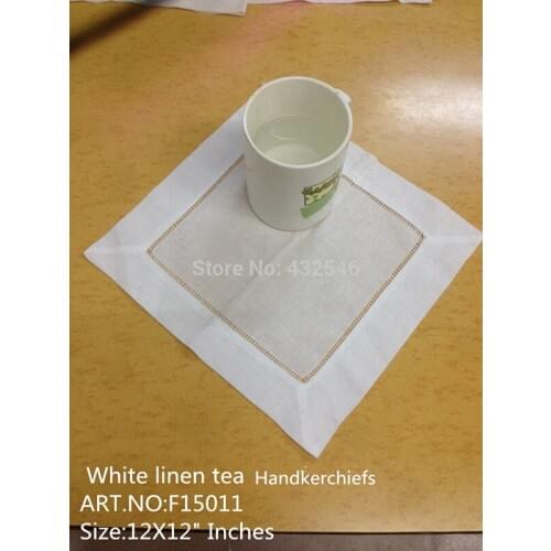 Set of 12 Fashion Tea Napkins White Linen Napkins with Embroidered Hemstitched edges Table Napkins 12x12-inch