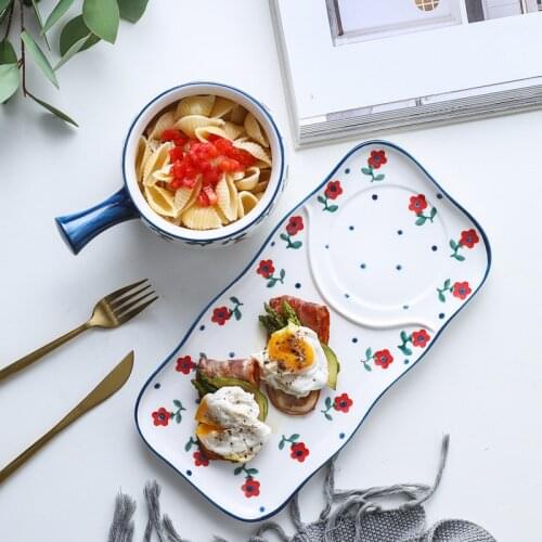 Japanese Breakfast Separation Ceramic Tableware Set Hand-painted Dinner Plate Set Household Oatmeal Bowl Milk Mug Tray 2pcs/set