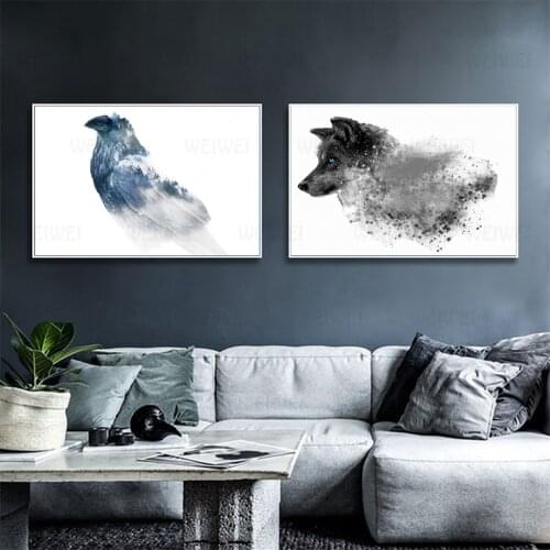 Blur Blue Bird Wolf Black Cat Animals Picture Poster Canvas Print Painting Wall Art Living Room Home Decoration