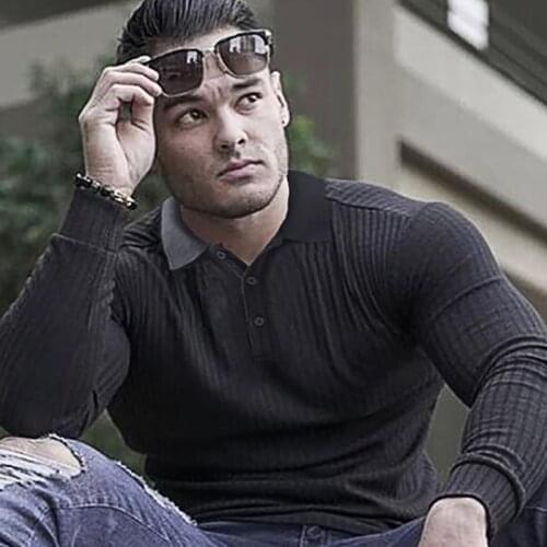 Fashion Knitted Polo Shirt Men Fitness Skinny Long Sleeve Polos Male Bodybuilding Tee Shirt Sports Poloshirt Autumn Gym Clothing