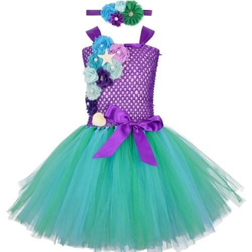 Mermaid Ariel Princess Girl Dress with Headband Cosplay Costumes for Kids Baby Girl Mermaid Dress Up Children Halloween Clothing