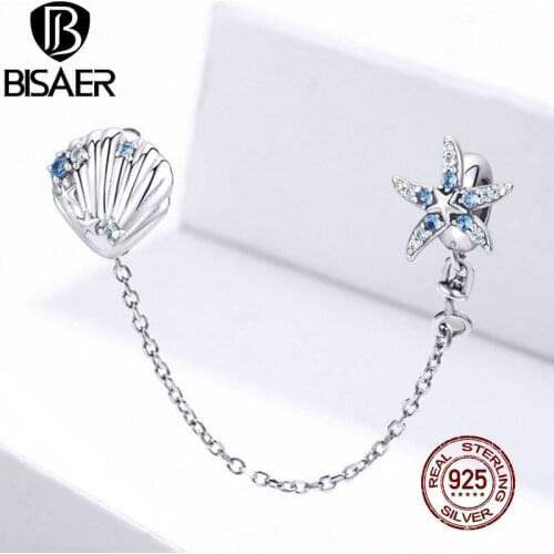 BISAER Ocean Starfish & Shell Stopper Safety Chain 100% 925 Sterling Silver Charms for Original Bracelet S925 Jewelry ECC1478