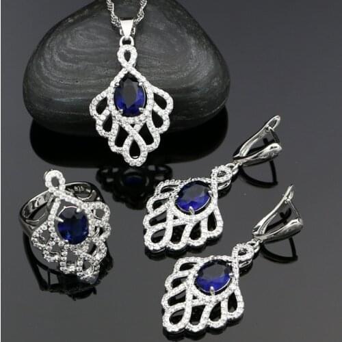 925 Silver Jewelry Sets for Women Party Accessories Blue Cubic Zirconia White Crystal Earrings Ring Necklace Pendant
