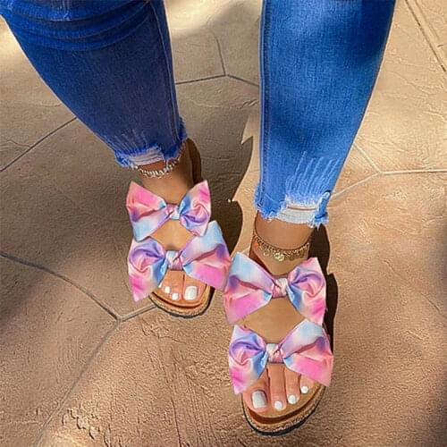Rainbow Bow Slides Mixed Colors Slippers 2020 Summer Tie Dye Sandals Fashion Woman Flip Flops Cute Slippers for Women
