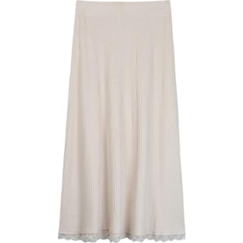 2021 Spring Autumn Womens Skirts Solid New Arrivals Female Pleated Long Skirts Lace Patchwork Trendy Lady Knitted A-Line Skirts