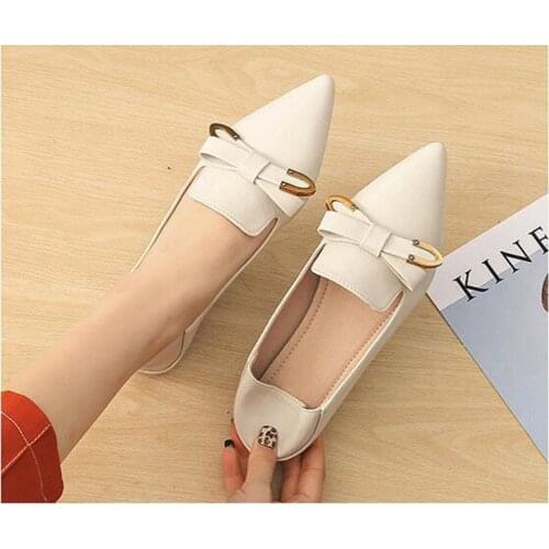 Women Black PU Pointed Toe Flats Bow Loafers Women Low Heels Fashion Spring Summer Mules Ballerina Woman Shoes Large Size 34-43