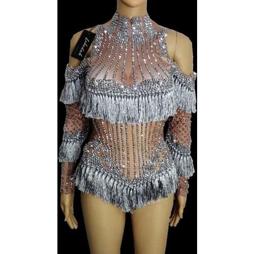 Women Singer Dance Group Modern Dance Costume Silver Rhinestones Tassels Long Sleeve Bodysuit Nightclub Bar Adult Stage Outfits