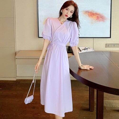 Elegant Women Long Summer 2020 New V-Neck High Waist Slim Purple Office Lady Puff Sleeve A-line Party Dress Vestidos