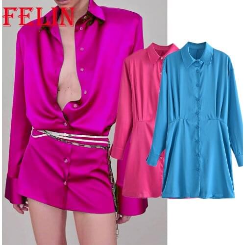 Za 2021 Women Sexy Stain Chic Red Mini Shirt Party Dress Long Sleeve Single Button Sheath Elegant Dress Streetwear Mujer Vestido