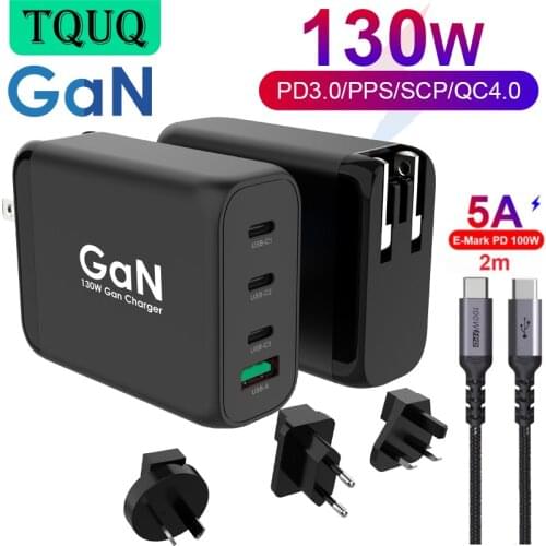 TQUQ 130W GaN Travel Adapter, USB-C PD 100W PPS 65W 45W QC3.0/SCP Type C Fast Charger for MacBook iPhone Samsung Xiaomi Laptop