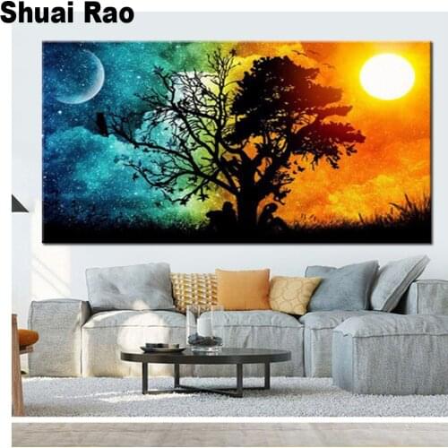 Moon tree, sun Landscape Crafts Diamonf Painting, Diamond Mosaic 5D DIY diamond Embroidery, Crafts and Sewing Thread, Mural, Art