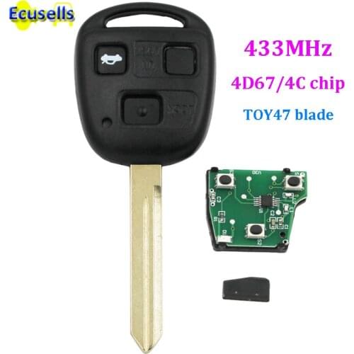 Transponder head key 3 Buttons Smart Remote Key fob for Toyota 433MHZ with 4D67 chip or 4C chip uncut toy47 blade