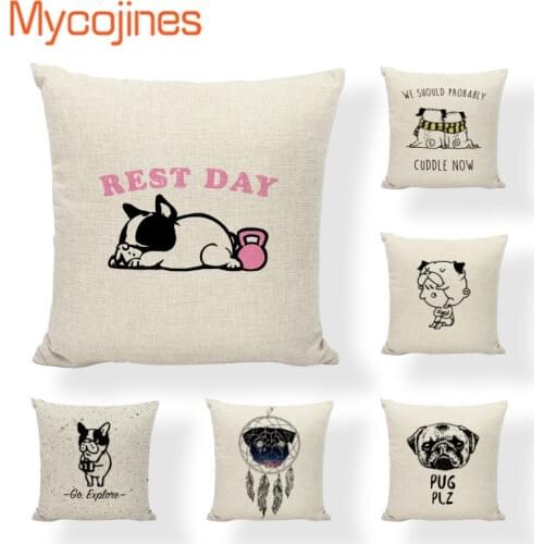 Designer Workout Puppy Pug Red French Bulldog Sloth Cushion Cover Aztec Feather Birthday 45X45Cm Linen Lounger Throw Pillow Case