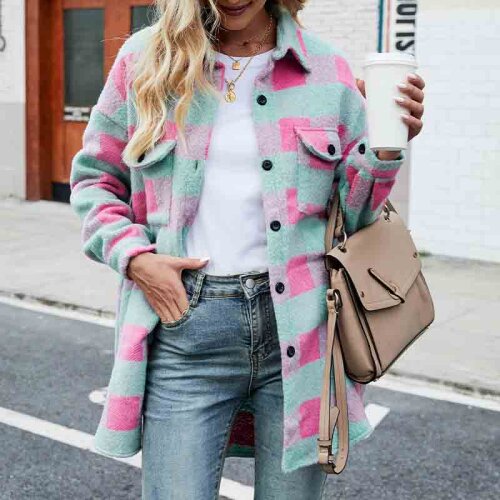 Plaid Long Women Wool Blend Jackets Coat Autumn Female Coats Long Sleeve Loose Single Breasted Pockets Fashion Casual Outwear