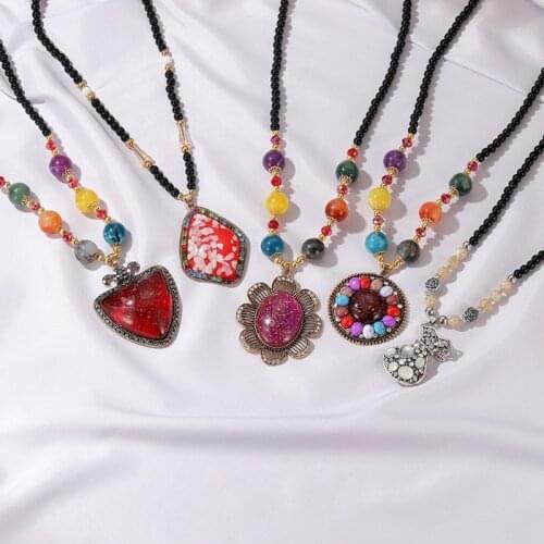Colorful Beads Sweater Necklace Retro Ethnic Style Prayer Necklace Long Pendant Necklace Sweater Chain Jewellery Gift