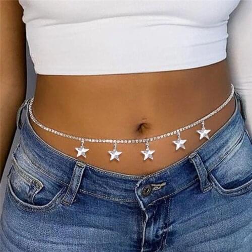 Trendy Gold Color Crystal Inlay Chain Femme Bikini Waist Chain Summer Fashion Metal Stars Tassel Pendant Belly Chain For Women