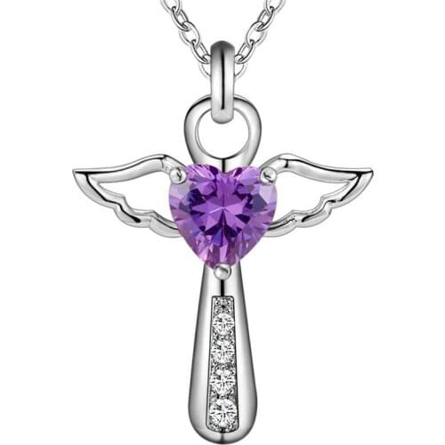 Trendy Wing Pendant Necklace Crystal Silver Plated Colorful Clear CZ Cross Angel Necklace