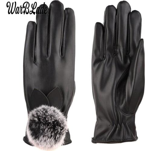 Fashion Women Warm Thick Winter Gloves Leather Elegant Girls Brand Mittens Free Size With Rabbit Fur Female Gloves 2018