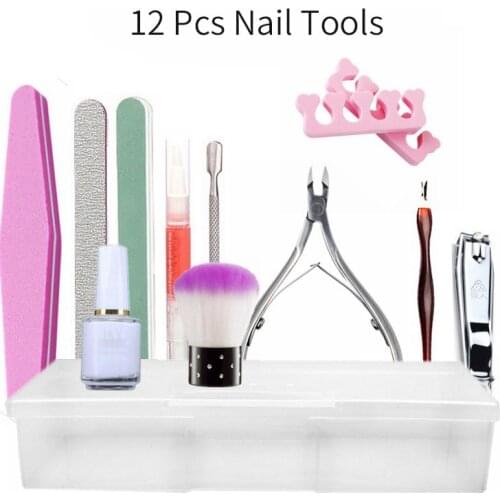 NOQ 12Pcs/Sets Nail Art Tool Nail Clipper Sponge Nail File Nails Brush Dead Skin Remover Storage Box For Salon Manicure Tools
