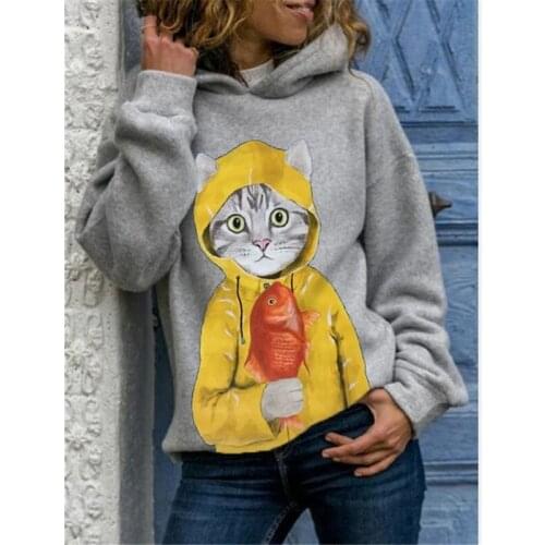 Autumn /winter 2020 New Women Kitten Catch Fish Loose Hooded Printed Sweatshirt For Women Sudadera Mujer Wn