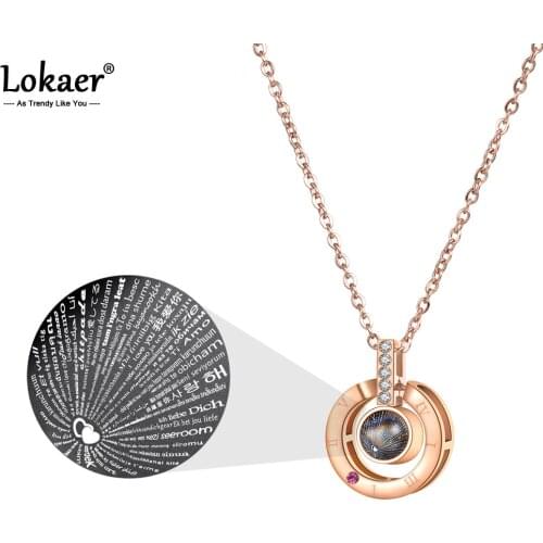 Lokaer Stainless Steel Waterdrop Necklace Rose Gold Color 100 Language 'I Love You' Forever Love Gift For Lover N18265