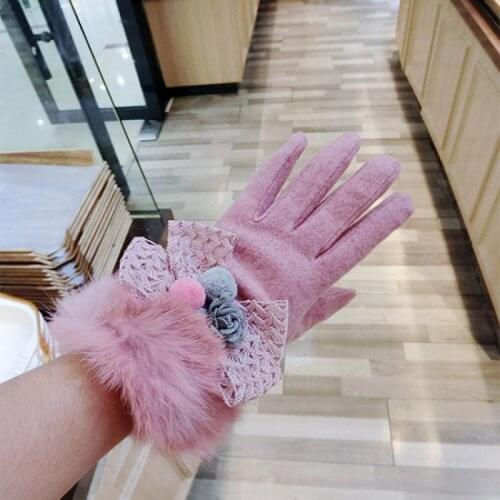 Cashmere Rabbit Fur Gloves Korean Version Of The New Pink Luokou Bow Thickened Warmth Touch Screen Gloves For Women