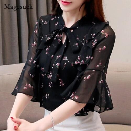 V-Neck Chiffon Blouse 2021 Women Tops and Blouse Solid Shirt Plus Size Ladies Shirts Bow Office Lady Clothing Blusas Mujer 4403