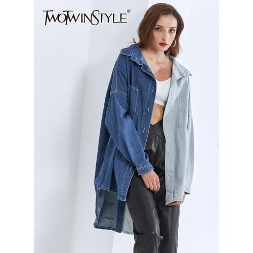 TWOTWINSTYLE Denim Casual Shirt Women Long Sleeve Asymmetrical Patchwork Blouse Tops Female 2021 Spring Fashion Clothes Tide