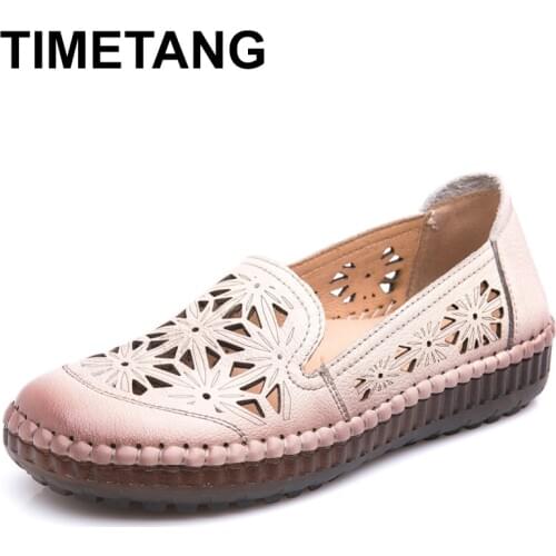 TIMETANG Fit Wide Foot Handmade Genuine Leather Flat Shoes Women Summer Shoes Lady Loafers Breathable Soft Hollow Female Shoes