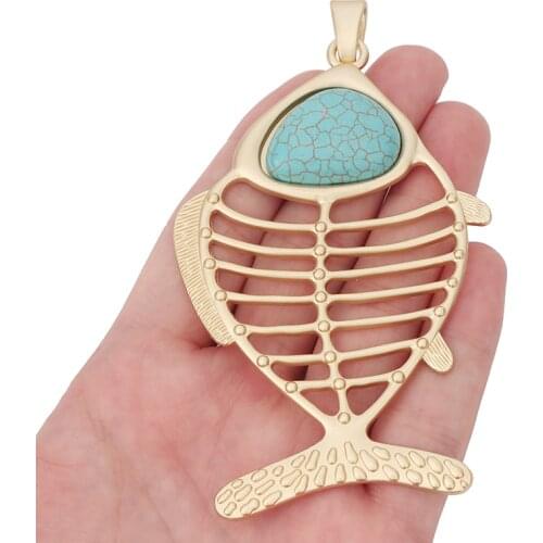 1 x Matte Gold Large 3D Fish Bone & Faux Turquoise Stone Charms Pendants for Necklace Jewelry Making Accessories 110x63mm